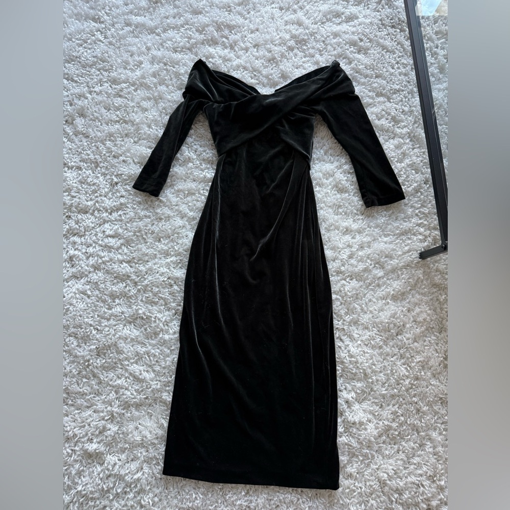 Zara dark grey/greenish off the shoulder Long Sleeve Velvet Dress